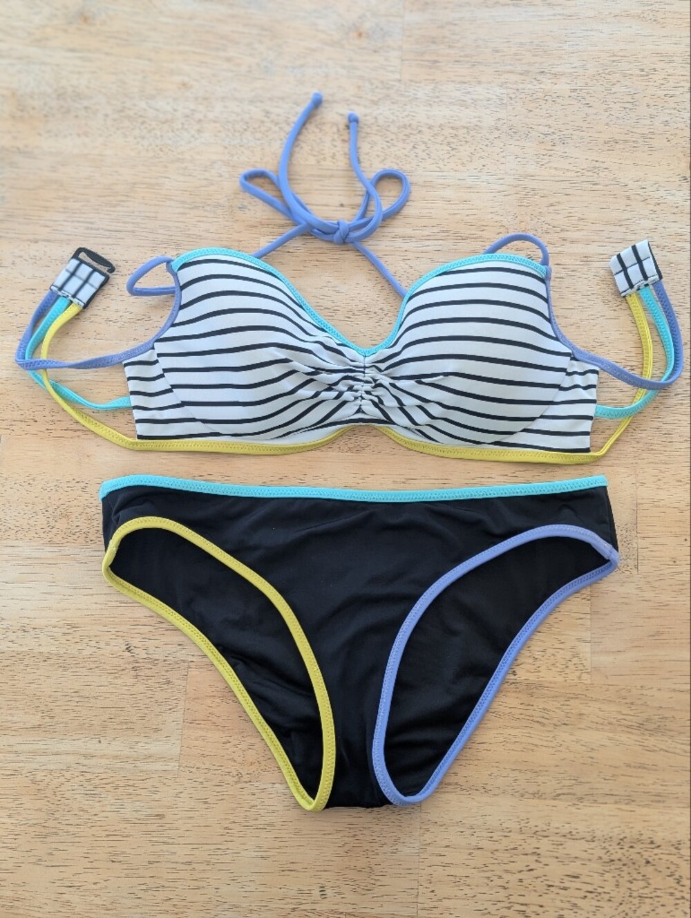 Victoria's Secret Black & White Striped Bikini with Neon Trim. XS 32C